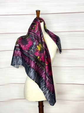 Vintage Hand Rolled Silk Scarf Abstract Floral Geometric Purple Pink Gray 29x29"